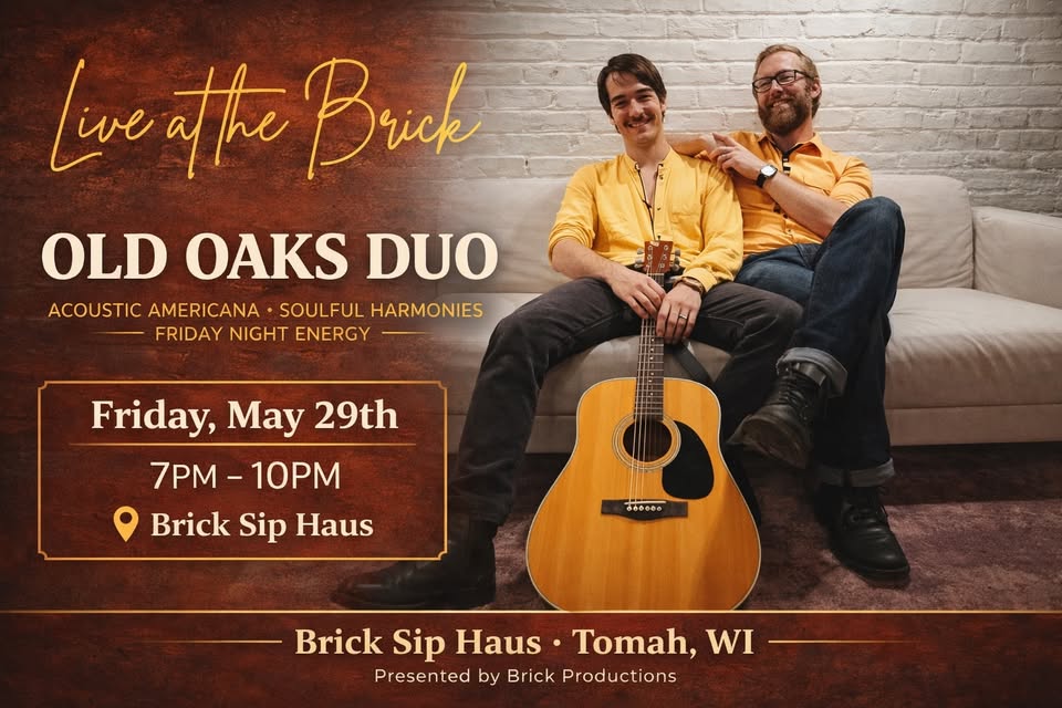 A poster with a picture of the band Old Oaks Duo with the event information.