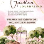 A poster with the event information on it and also a drawing of a garden.