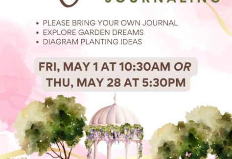 A poster with the event information on it and also a drawing of a garden.