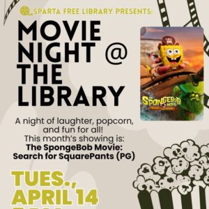 A poster with the event information on it and showing a picture from the SpongeBoB movie.