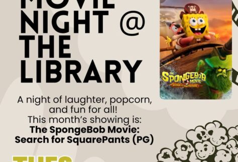 A poster with the event information on it and showing a picture from the SpongeBoB movie.