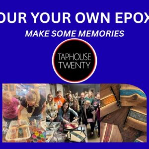 A poster with the event information on it and also showing a pictures of people making epoxy.