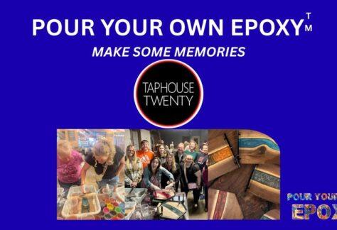 A poster with the event information on it and also showing a pictures of people making epoxy.