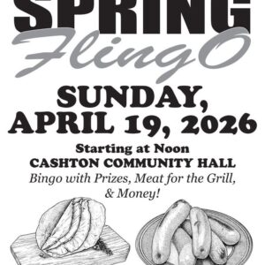 A poster with the event information on it and drawings of meat on cutting boards.