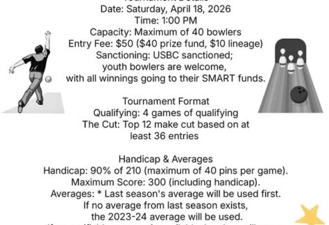 A poster with event information on it and showing a drawing of a person bowling