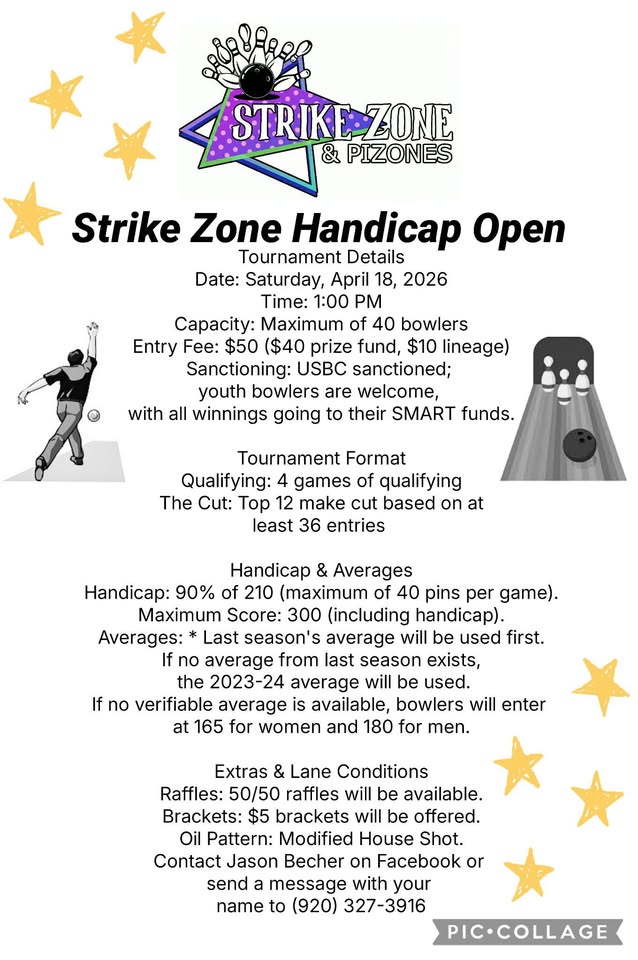 A poster with event information on it and showing a drawing of a person bowling