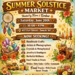 A poster with event information along with draws of candles, a sun and drinks.