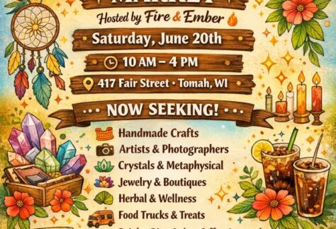 A poster with event information along with draws of candles, a sun and drinks.