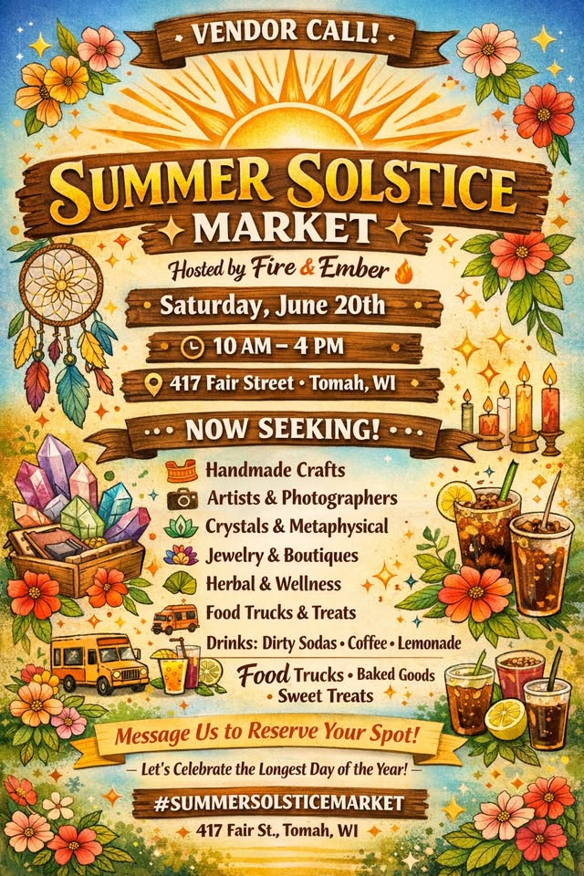 A poster with event information along with draws of candles, a sun and drinks.