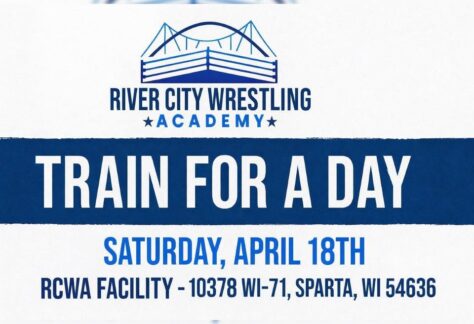 A poster with the event information on it and on top is a boxing ring.