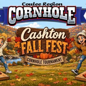 A poster with fall themes on it and two groups of people playing cornhole.