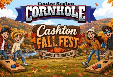 A poster with fall themes on it and two groups of people playing cornhole.