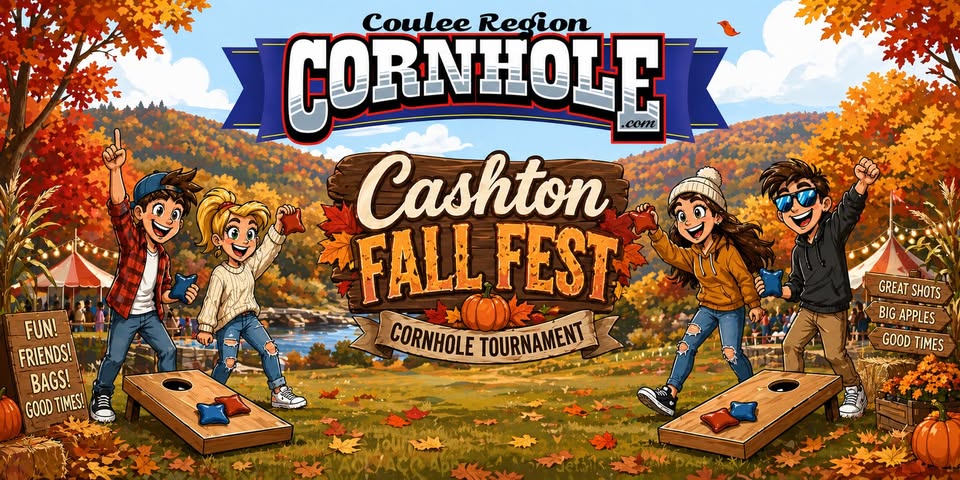 A poster with fall themes on it and two groups of people playing cornhole.