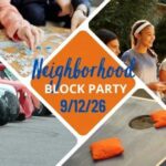 A poster with vintage cars, a puzzle, cornhole, and neighbors enjoying food and drinks together.