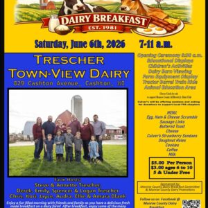 A poster with the event information on it along with a photo of a group of people standing in front of a dairy farm.