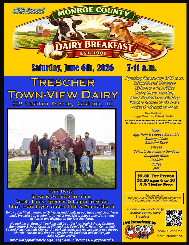 A poster with the event information on it along with a photo of a group of people standing in front of a dairy farm.