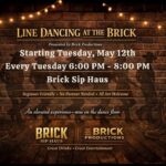 A Western-themed flyer with cowboy silhouettes, string lights, and cowboy boots on brick wall background.