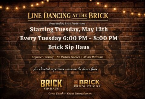 A Western-themed flyer with cowboy silhouettes, string lights, and cowboy boots on brick wall background.