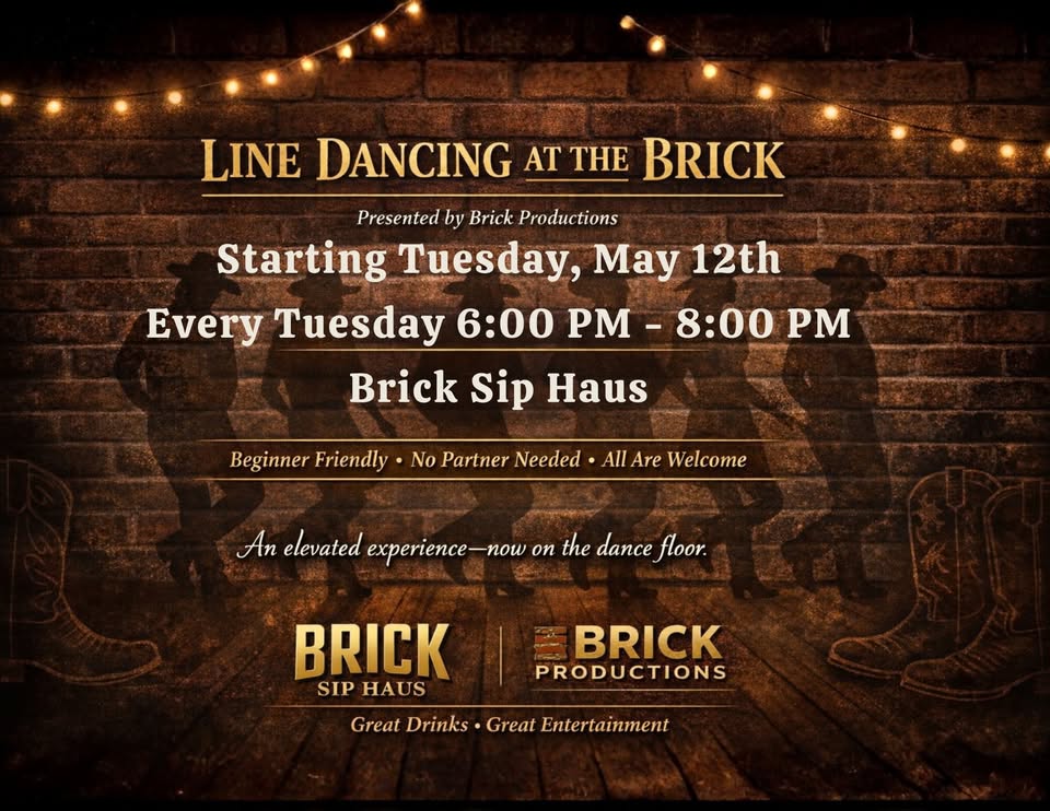 A Western-themed flyer with cowboy silhouettes, string lights, and cowboy boots on brick wall background.
