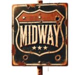 A photo of a road sign with the word Midway on it.