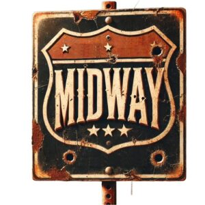 A photo of a road sign with the word Midway on it.