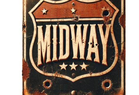 A photo of a road sign with the word Midway on it.