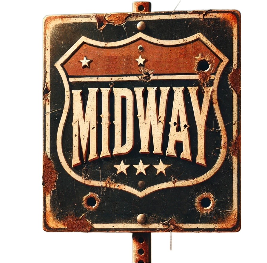 A photo of a road sign with the word Midway on it.