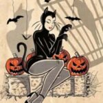 A photo of a cartoon character in a black cat costume with bats around her.
