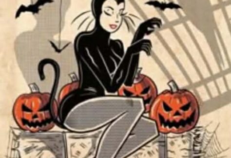 A photo of a cartoon character in a black cat costume with bats around her.