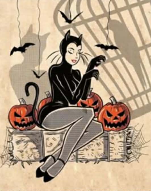 A photo of a cartoon character in a black cat costume with bats around her.
