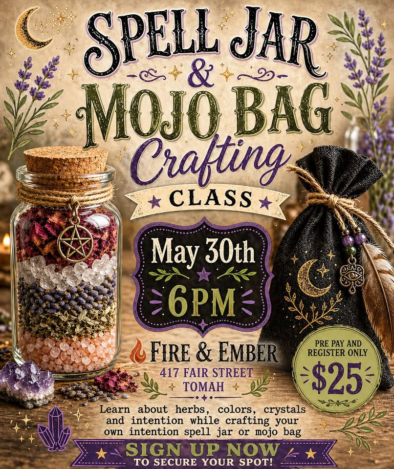 A photo of a spell jar and a Mojo Bag.