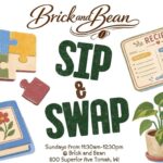 A poster with puzzle pieces, recipe card, book, and potted plant on it.