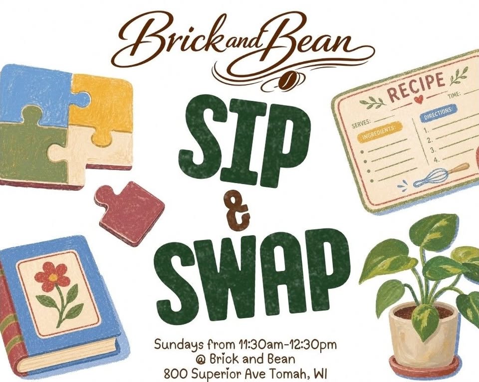 A poster with puzzle pieces, recipe card, book, and potted plant on it.