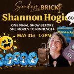 A poster with the Shannon Hogie holding a ukulele and birds and the sun crying.