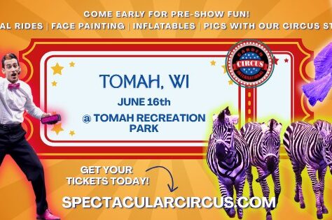 A poster with performers, zebras, and attractions.