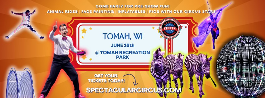 A poster with performers, zebras, and attractions.
