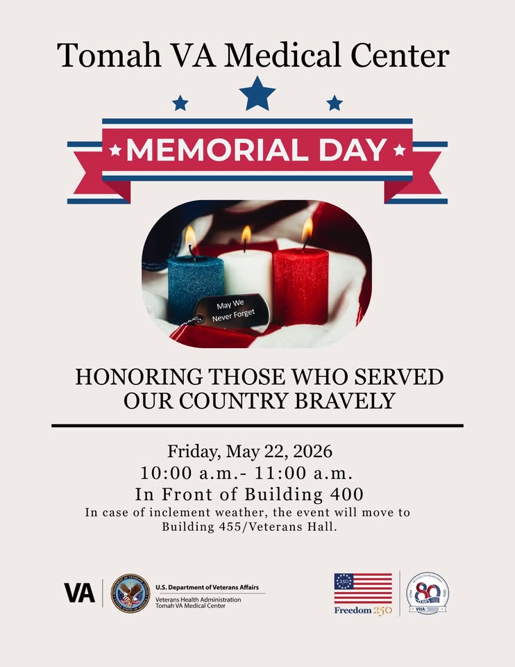 A picture with the event information on it and in the middle there are three candle that are blue ,white, and red.