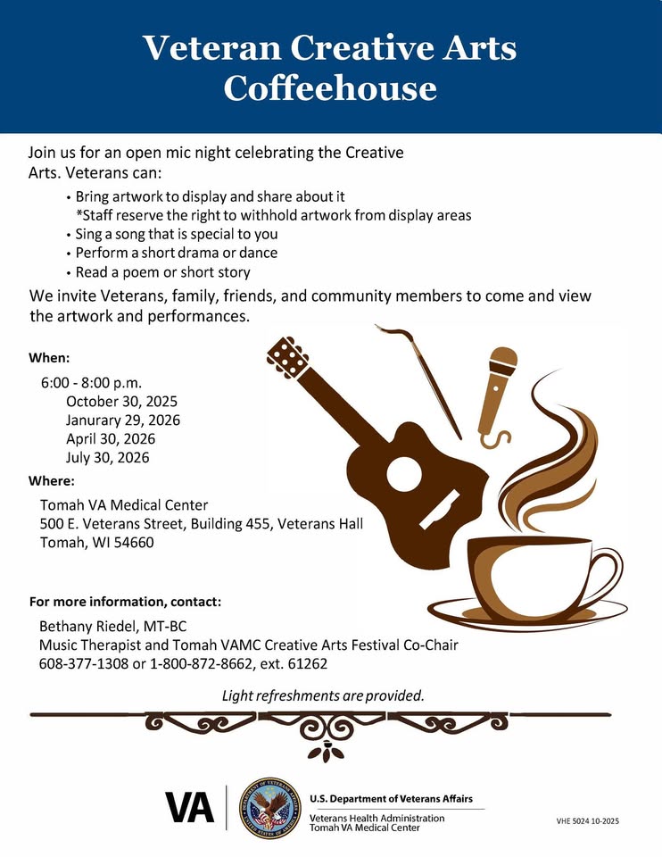 A poster with a cup of coffee and a guitar next to it with the event information on the poster.