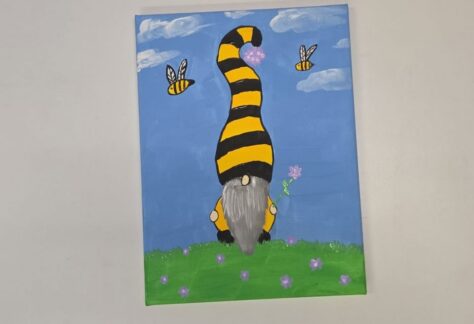 A painting of a gnome with bees