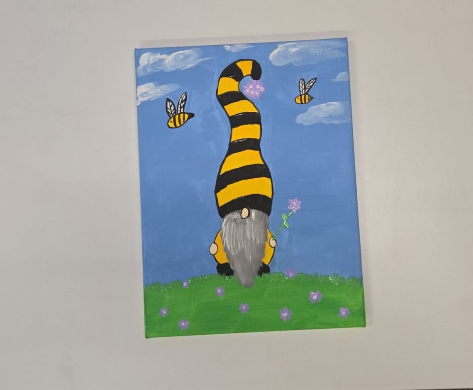 A painting of a gnome with bees
