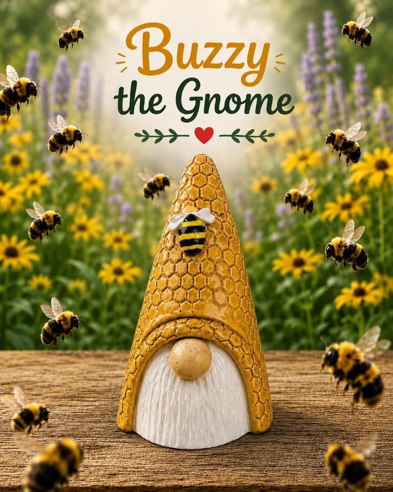 A ceramic gnome with a yellow hat and a honey bee