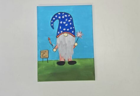 a painting of a gnome dressed in red white and blue