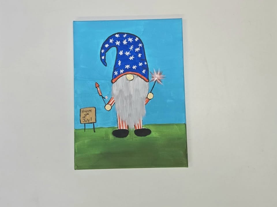a painting of a gnome dressed in red white and blue