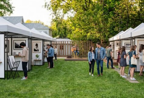 Two rows of tents with art for sale