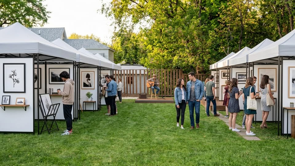 Two rows of tents with art for sale