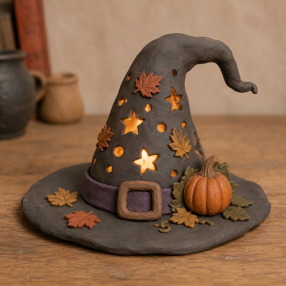 A ceramic witches hat with holes cut ut for candle light to shine through
