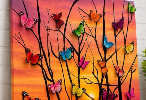 a canvas painting with added butterflies