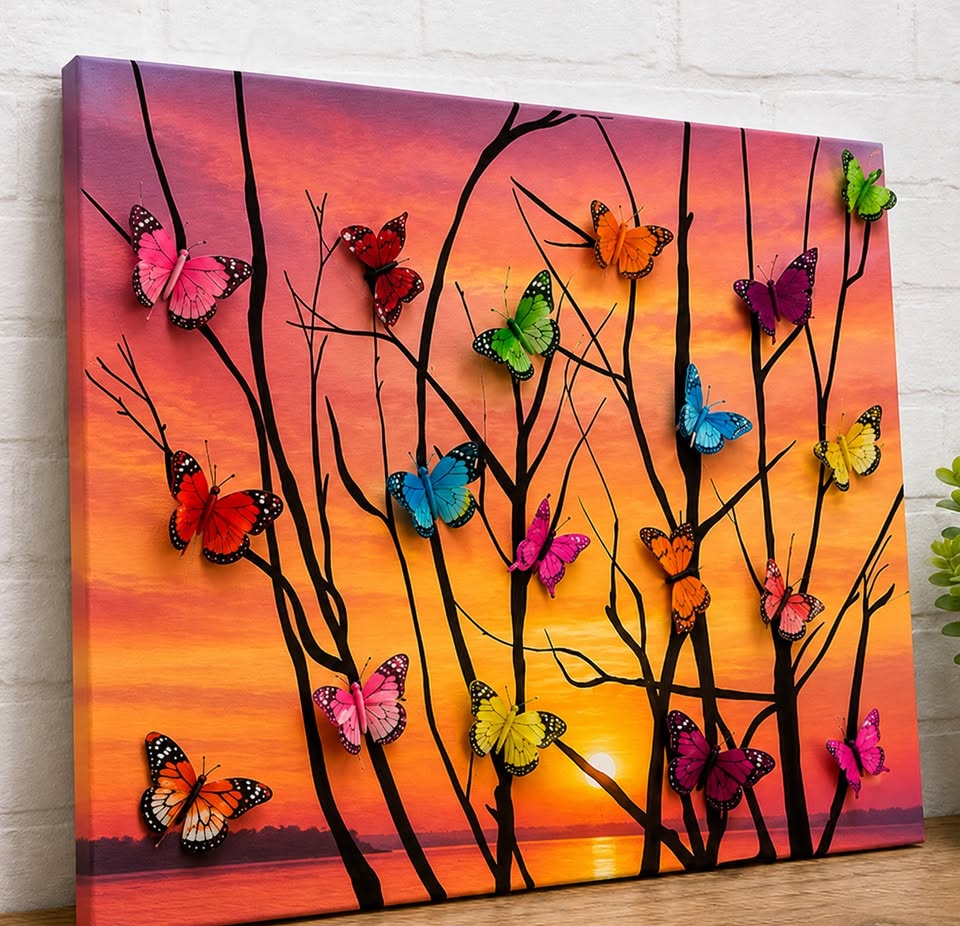 a canvas painting with added butterflies