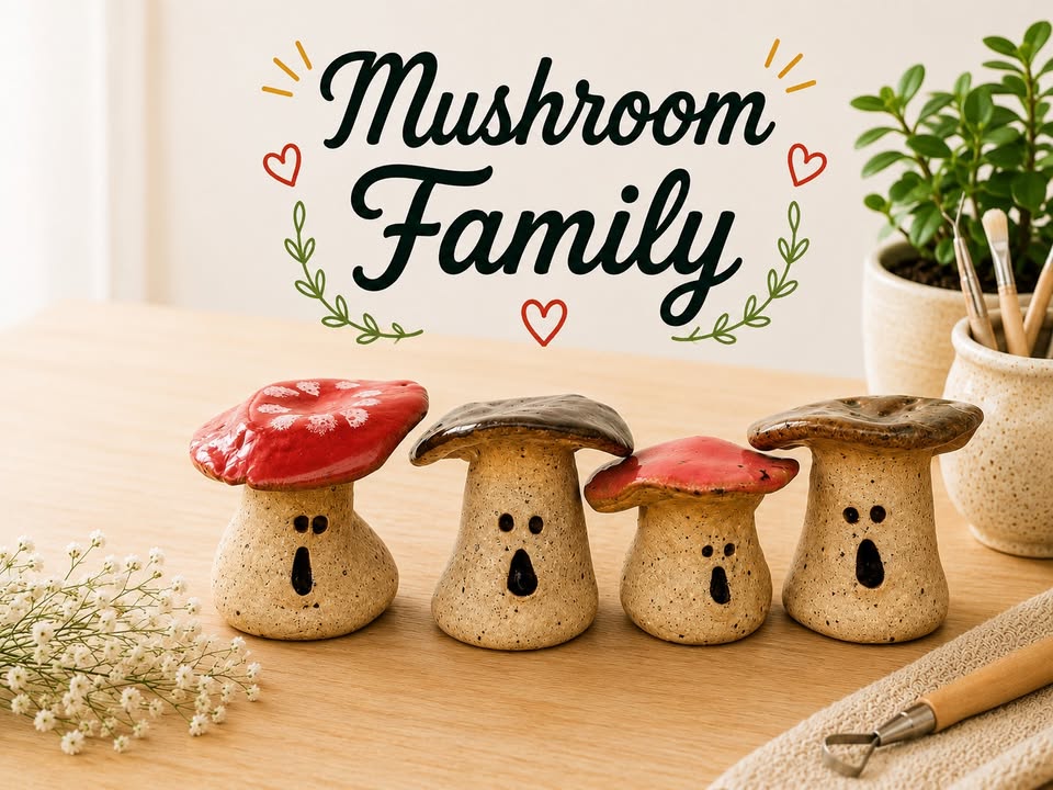 A row of ceramic mushrooms