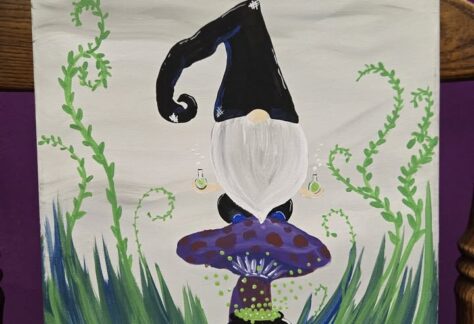 painting of a gnome sitting on a mushroom